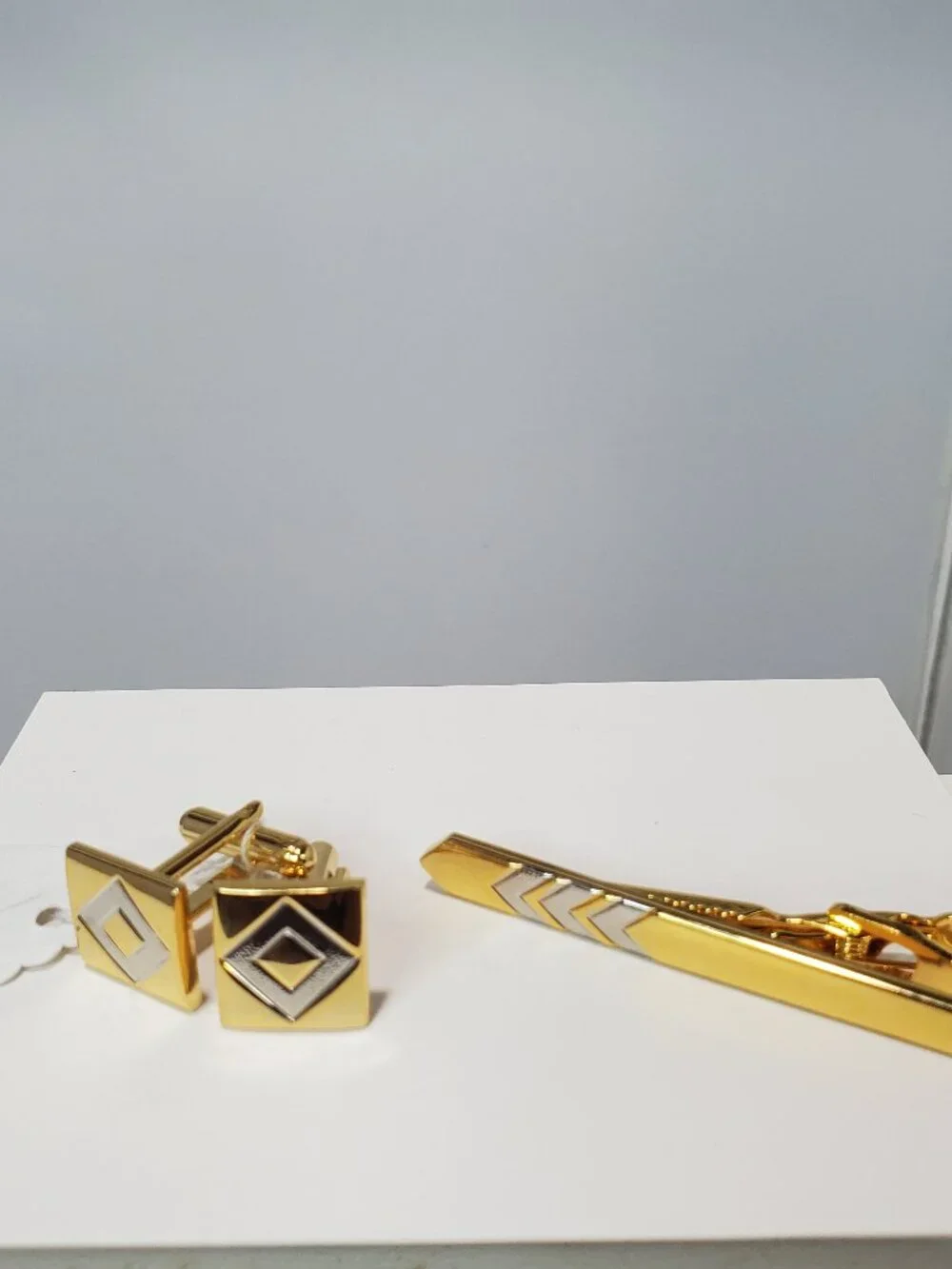 Vintage Gold & Silver-Tone Geometric 3-Piece Cufflink and Tie Clip Set